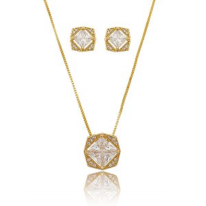 Conjunto colar e brinco quadrado cravejado com mini zircônias banhado em ouro 18k