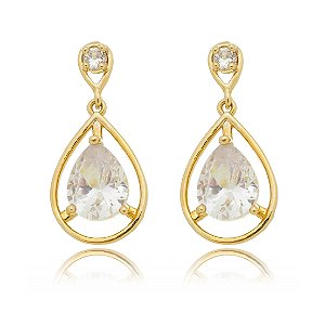 Brinco pingente gota vazada com pedra gota cristal banhado em ouro 18k