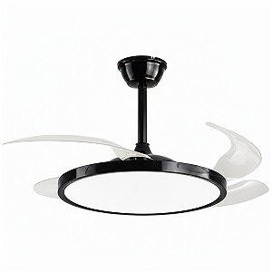 Ventilador de Teto Retrátil Preto 4 Pás Invisíveis Luminária LED 36W Silencioso com Controle Remoto Bivolt