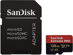 SanDisk Cartão 128GB Extreme PRO® microSD™ UHS-I com adaptador C10, U3, V30, A2, 200MB/s leitura 90MB/s escrita