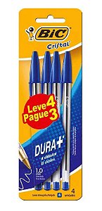 Caneta Esferográfica BIC Cristal Dura Mais, A Clássica, Azul, Ponta Média de 1.0mm, Leve 4 Pague 3, 868795 - BT 4 UN