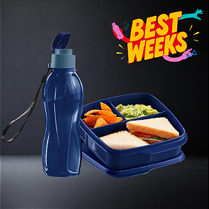 Tupperware Kit Basic Line 550ml Com Divisórias + Eco Garrafa 500ml Mar Profundo