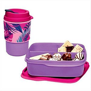 Tupperware Conjunto Basic Line e Copo Para Viagem Floral