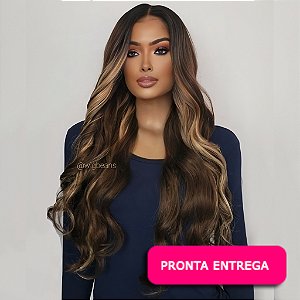 Lace Front Alessandra - Castanho médio com mechas e raiz escura