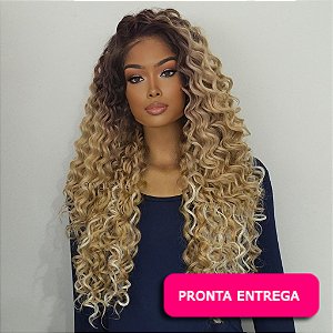 Lace Front Italia Novo - Repartição livre 13x4 - Loira com raiz esfumada