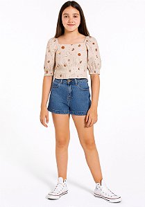 BLUSA FEMININA CROPPED EM RAYON BALI COM MANGAS BUFANTES