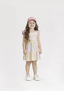 VESTIDO INFANTIL LISTRADO COM MANGAS CURTAS E BORDADO
