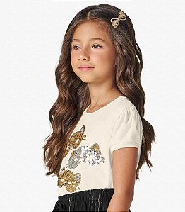 CONJUNTO INFANTIL FEMININO COM BLUSA BORDADA E SHORTS EM VISCOSE LUREX