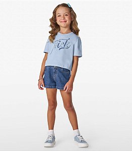 CONJUNTO INFANTIL FEMININO COM SHORTS JEANS E CAMISETA ESTAMPADA COM STRASS