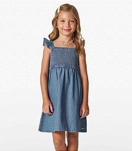 VESTIDO INFANTIL EM LIGHT DENIM COM BABADOS E LASTEX