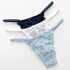 Calcinha Mel (azul claro, branco e preto) - Kit com 3 - Mood Lingerie