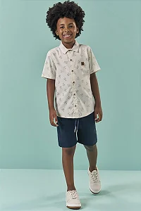 Conjunto Luc.boo Camisa Barcos Algodão Linho + Bermuda Serja 4 ao 10