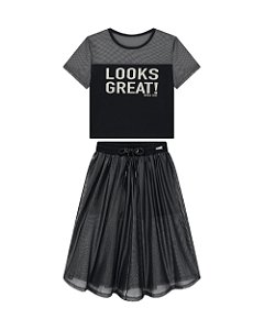 Conjunto Nina Go Blusinha Manga Curta e Saia Midi Telinha 6 ao 14