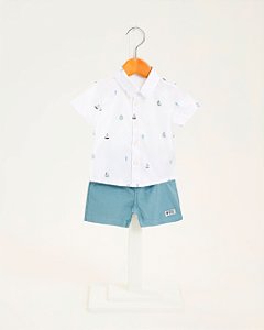 Conjunto Infantil Onda Marinha Camisa Barquinhos e Bermuda Sarja – 1 ao 3