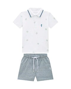 Conjunto Bebê Onda Marinha Polo Bordada e Bermuda Moletom – P ao G