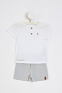 Conjunto Onda Marinha Bata Linho Bermuda Sarja Listrada P ao GG