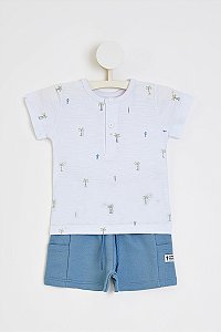 Conjunto Onda Marinha Camiseta Flamê Coqueiros e Bermuda P ao GG