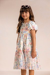 Vestido Kiki Manga Bufante Floral Tule 6 ao 12