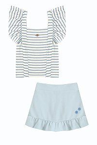 Conjunto Kiki Blusa Listrada Babados Shorts Saia Bordado 6 ao 12