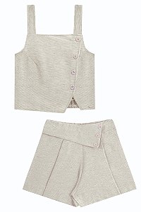 Conjunto Menina Anjo Blusa Botões Shorts Saia Texturizado 12 ao 16
