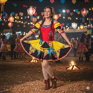 Fantasia Conjunto Feminino Junino Vermelho Laços Luxo - SOMENTE ALUGUEL