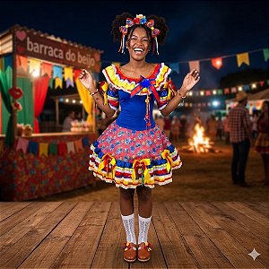 Fantasia Vestido Junino Luxo com Babados e Laços Adulto - SOMENTE ALUGUEL