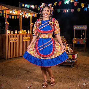 Fantasia Vestido Junino Avental Duplo Adulto - SOMENTE ALUGUEL