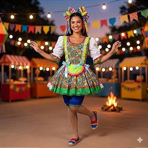 Fantasia Vestido Junino Curto Avental Neon Adulto - SOMENTE ALUGUEL