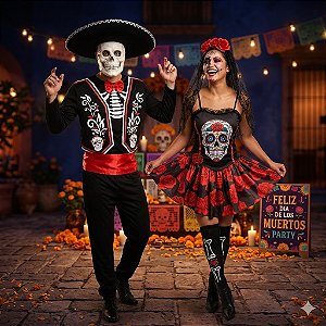 Fantasias Casal Caveira Mexicana Adulto - SOMENTE ALUGUEL