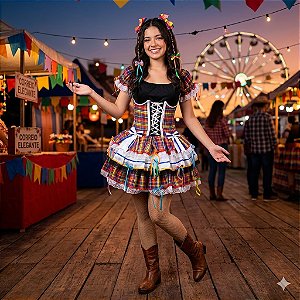 Fantasia Vestido Junino Super Luxo Corselet Camila Plus Adulto - SOMENTE ALUGUEL