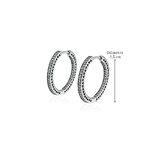 Brinco Argola Média em Prata 925 com Zircônias - Diâmetro 2,5 cm