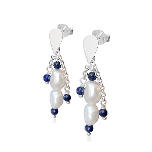 Brinco de Pérola e Lápis Lazúli com Corrente em Prata 925