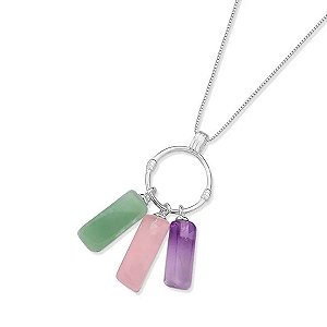 Colar Amor Prata 925 - Pedras Ametista, Quartzo Rosa e Quartzo Verde