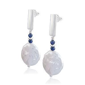 Brinco de Pérola Moeda e Lápis Lazúli em Prata 925