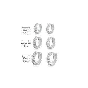 Trio de Brincos Argolas Click em Prata 925 Cravejados com Zircônias - Diâmetros: 0,9, 1,1 e 1,3 cm