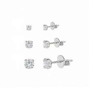 Trio de Brincos em Prata 925 com Zircônias Ponto de Luz - Diâmetros: 0,2, 0,3 e 0,4 cm