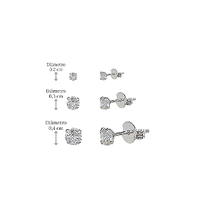 Trio de Brincos em Prata 925 com Zircônias Ponto de Luz - Diâmetros: 0,2, 0,3 e 0,4 cm