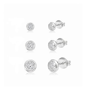 Trio de Brincos Redondos em Prata 925 com Zircônias Pontos de Luz - Diâmetros: 0,3, 0,4 e 0,5 cm