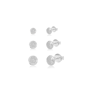Trio de Brincos Redondos em Prata 925 com Zircônias Pontos de Luz - Diâmetros: 0,3, 0,4 e 0,5 cm