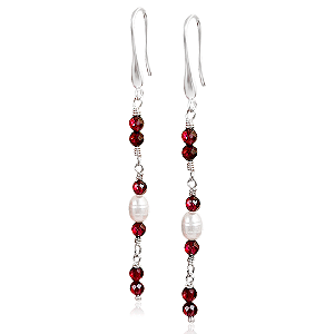 Brinco Granada e Pérola com Fecho Gancho em Prata 925