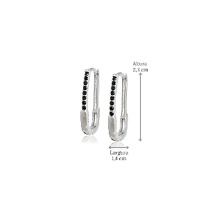 Brinco Argola Retangular Prata 925 com Zircônias Negras e Fecho Click