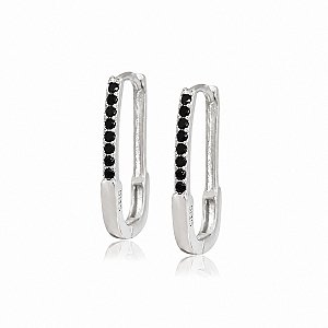Brinco Argola Retangular com Zircônias Negras em Prata 925 – 2,3 cm