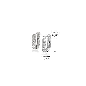 Brinco Argola Retangular Pequeno Prata 925 Textura e Fecho Click