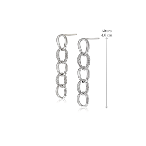 Brinco de Prata 925 Pendente com Elos e Zircônias