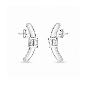 Brinco Ear Hook Curvado com Zircônias Central em Prata 925