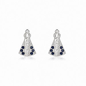 Brinco Nossa Senhora Aparecida prata 925 com zircônias azuis.