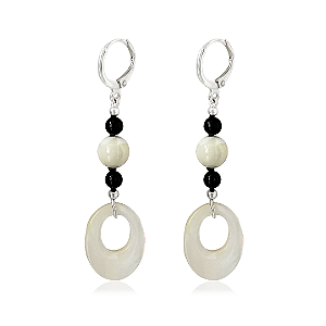 Brinco Pendente Madrepérola e Ágata Negra Prata 925