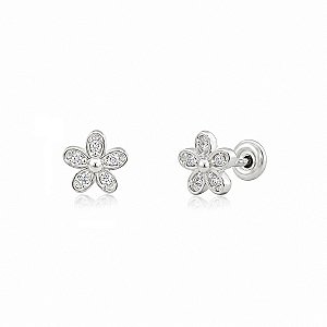 Brinco Florzinha Mini com Zircônias Tarraxa Baby Prata 925