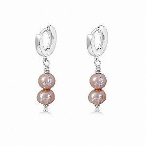 Brinco Pendente Duas Pérolas Rosê Prata 925