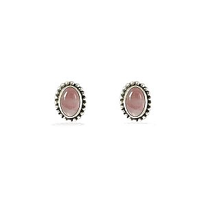 Brinco Pequeno Oval Quartzo Rosa em Prata 925 Vintage
